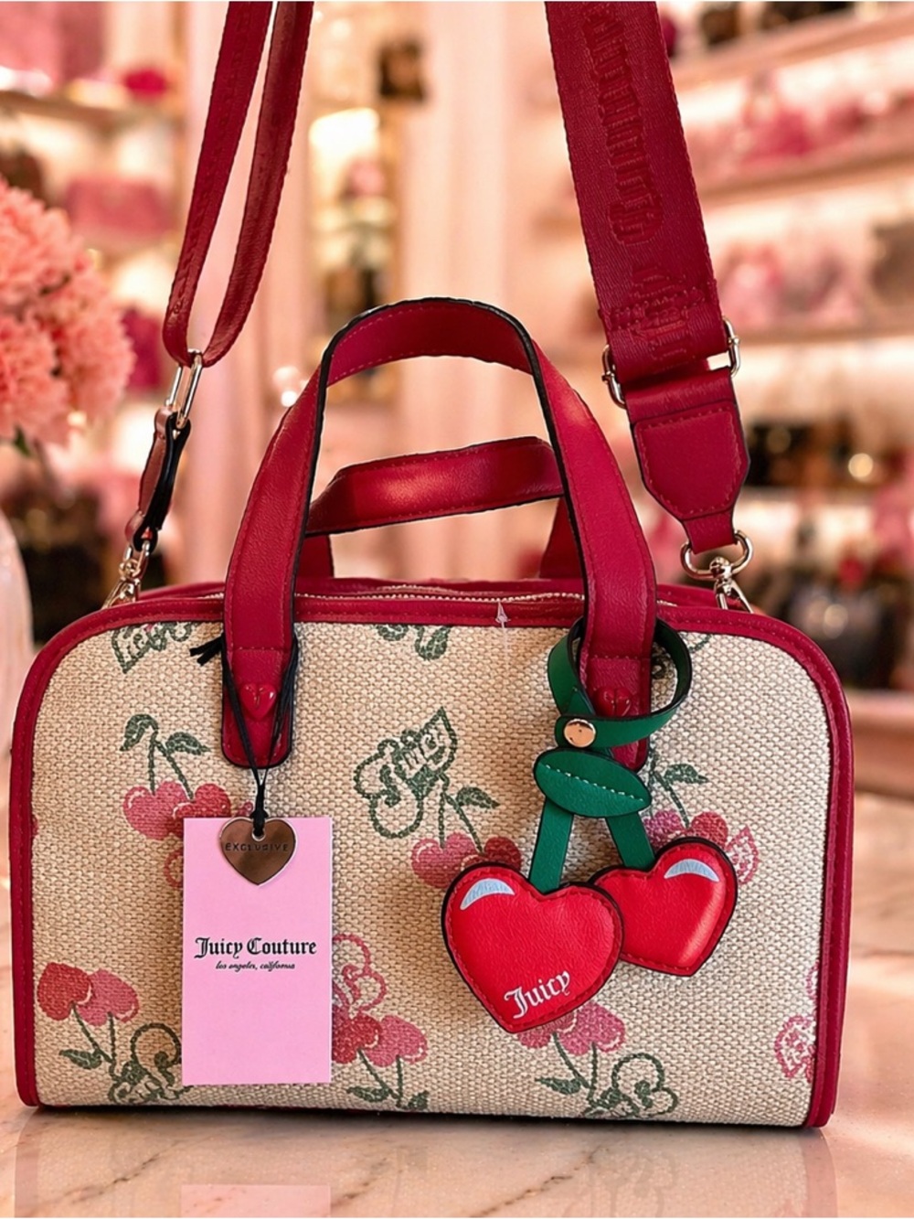 Juicy Couture Red Cherry Canvas Satchel with Pink Tag